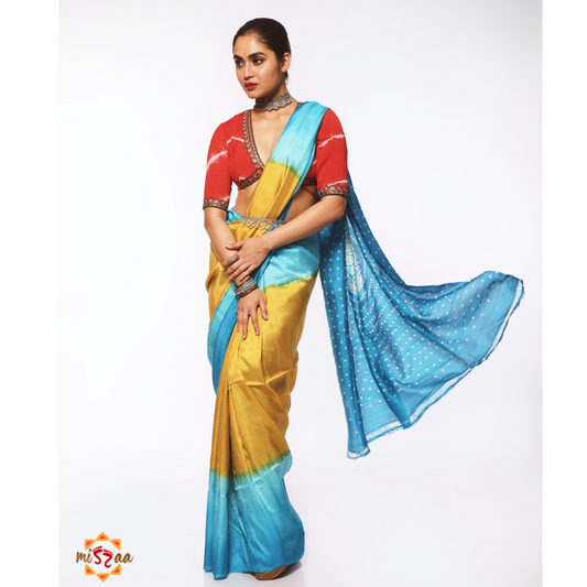 Yellow and Blue Tie-Dye Shibori and Bandhani Mulberry Silk Saree