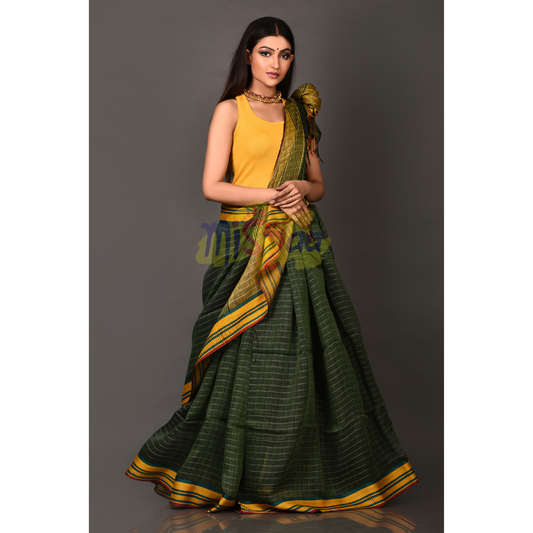 Yellow NakshaPaar Handwoven Linen Saree in Checks - Ethnic Wear