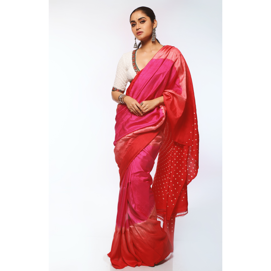 Pink and Red Tie-Dye Shibori and Bandhani Mulberry Silk Saree